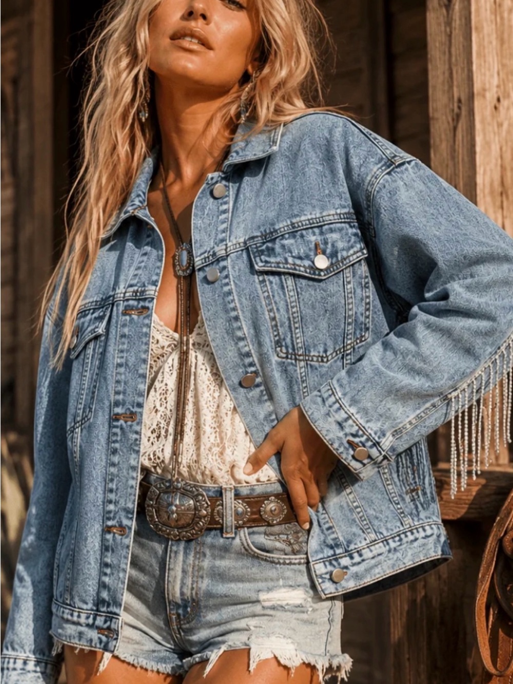 Light Blue Fringe-Trim Denim Jacket
